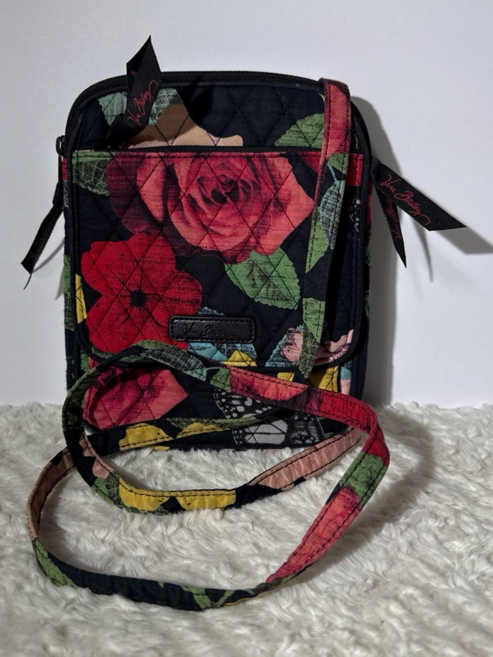 Vera Bradley Quilted Floral Crossbody Bag - Black with Red & Green